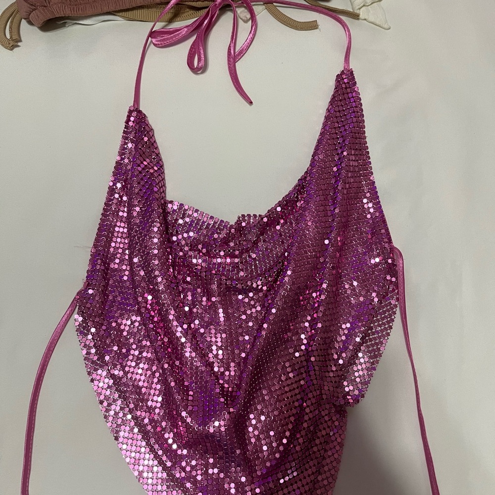 sparkly pink halter top backless